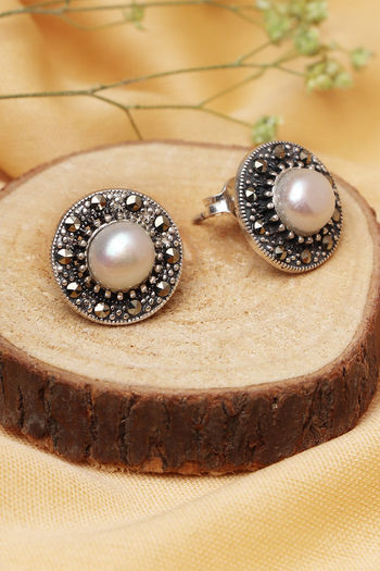Handmade Silver Stud Earrings With Coins and Blue Gemstone